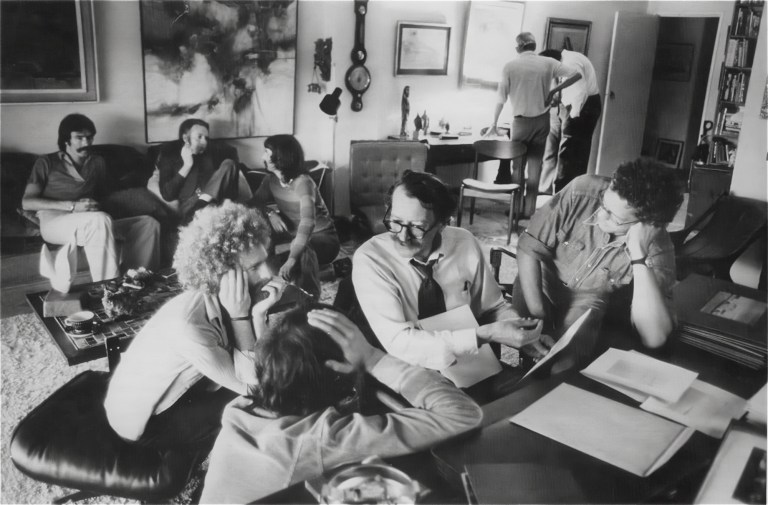 John Szarkowski talking to photographers at Laurence Le Guay’s apartment, 1974 (Photo- David Moore).